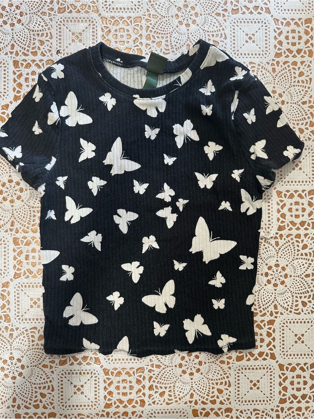 Wild Fable Black White Butterfly Ribbed Baby Tee Size Small